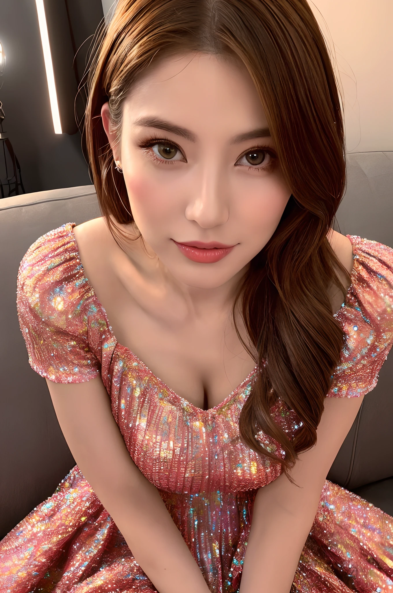Best quality, masterpiece, super high resolution, (realistic: 1.4), original photo, 1 girl, hairpins, earrings, jewelry, brown hair, looking at the viewer, lips, playful, sexy silk pajamas printed with cute bear pattern, full body photo