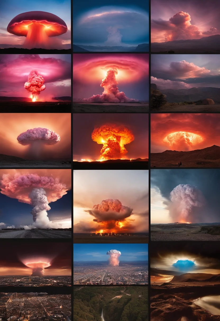 Top image quality,Ultra HD Pictures refer to the best existing visuals for the feel of a hydrogen bomb explosion mushroom cloud picture movie poster(Refer to the former Soviet Union(Tsar Bomba)(Big Ivan)Hydrogen bomb explosion mushroom cloud picture or video)Extremely large and extremely empty Great Plains, extremely huge visuals, super shocking pink candy-colored mushroom clouds,The visuals should be both shocking and sweet。There is no sense of horror,The whole picture is a world of colorful candy colors,Beautiful pink,The background is the blue color of the South Coast,Extremely beautiful realistic scenes are super forceful。What a super grand hydrogen bomb explosion scene,The brilliant colors are like a fairy tale。The whole is in the style of a movie poster,Please refer to the 2023 movie for details《Barbie》Colorful picture, gorgeous picture