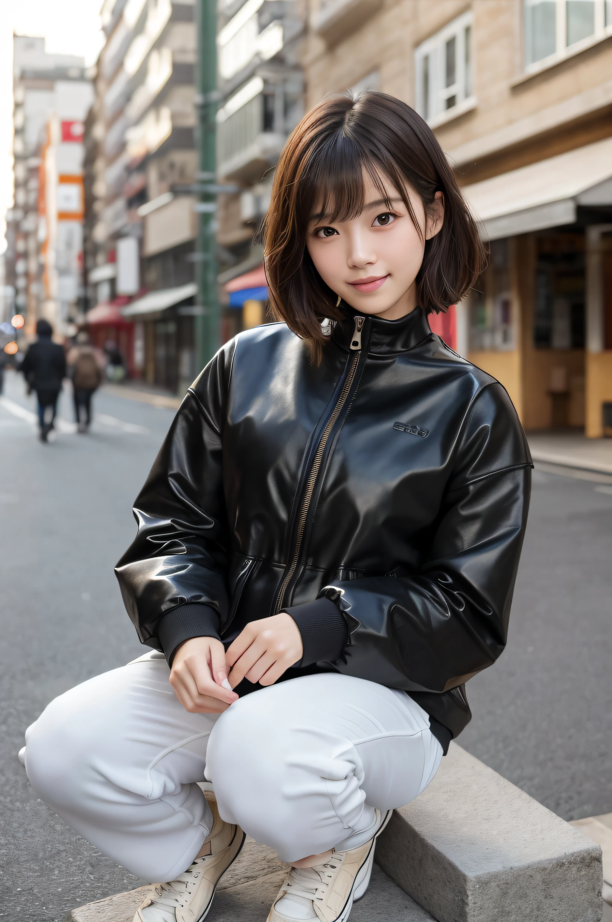 japanese girl, posing on the walking street, in autumn,(wearing houndstooth track jacket),(putting on black track jersey pants and high-cut black leather sneaker), (photoshoot style, shooting from front, upper knee statue, body facing forward), 26 years old, (toned body type:1.2, tall height 5.35 feet), (normal breast :1.2, hemispherical udder silhouette:1.2), little smiling, perorbital swelling, brown fluffy and wavy short-cut hair, natural bangs, detailed brown eyes, detailed finger, suppin, no make, (photorealsitic:1.4), (high-resolution details of human skin texture:1.2, rough skin:1.2, Uneven skin tone:1.6, skin texture must be natural:1.1), top-quality, masterpiece, high resolution, raw photo, natural soft light, professional lighting