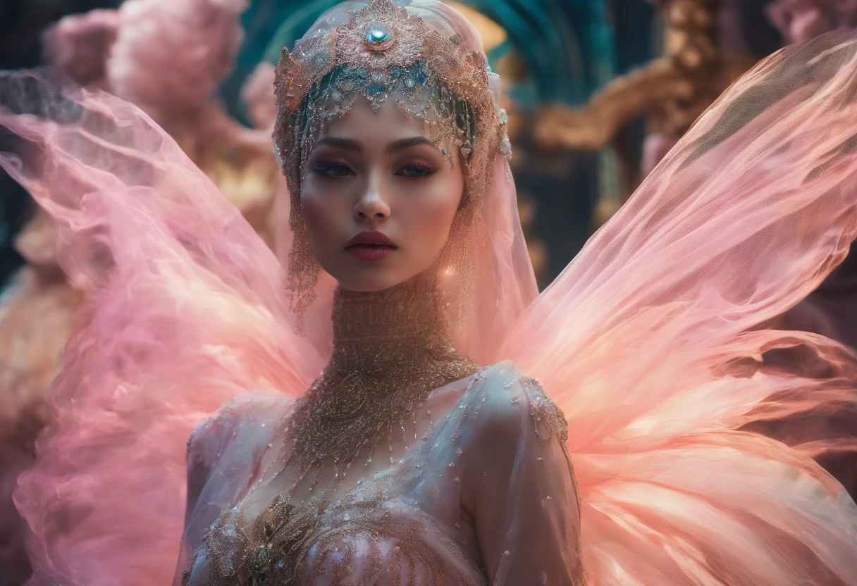 Photographic still of an Islamic princess, translucent skin,veins showing beneath it's skin, dark, onimous, extremely gorgeous, cats eye, pale pinkinsh skin, bloodlust, Ottoman Empire Era, forbidden Beauty, walking with her Pet kittens and Peacock in her Islamic Castle ’s garden and sits net to a marble water fountain which cause sprinkled on her pinkish cheeks, wearing long and huge transparent skin-tight princess outwear her gorgeous maids are standing in the back,