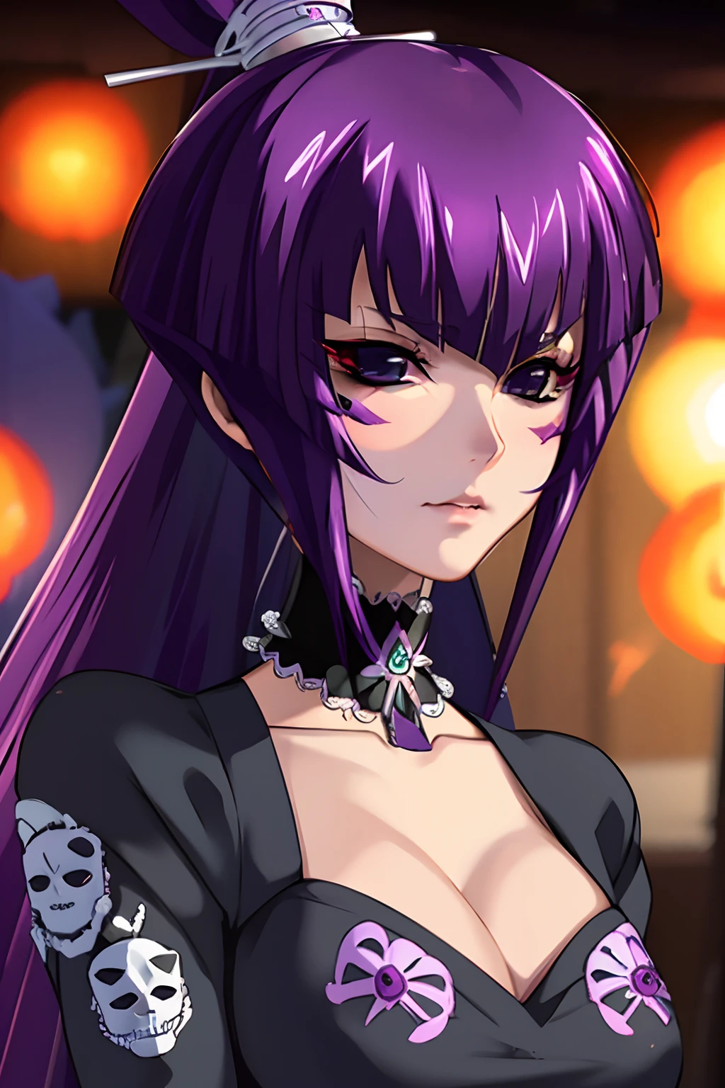 Koubuin Yuuhi vestida y maquillada como una catrina, Anime girl with long purple hair and skull makeup in front of a background, el dia los muertos!, dia de los muertos. 8 mil, ( el dia los muertos ), ( ( ( el dia los muertos ) ) ), el dia los muertos, dia de los muertos!!, (dia de los muertos), ( dia de los muertos )