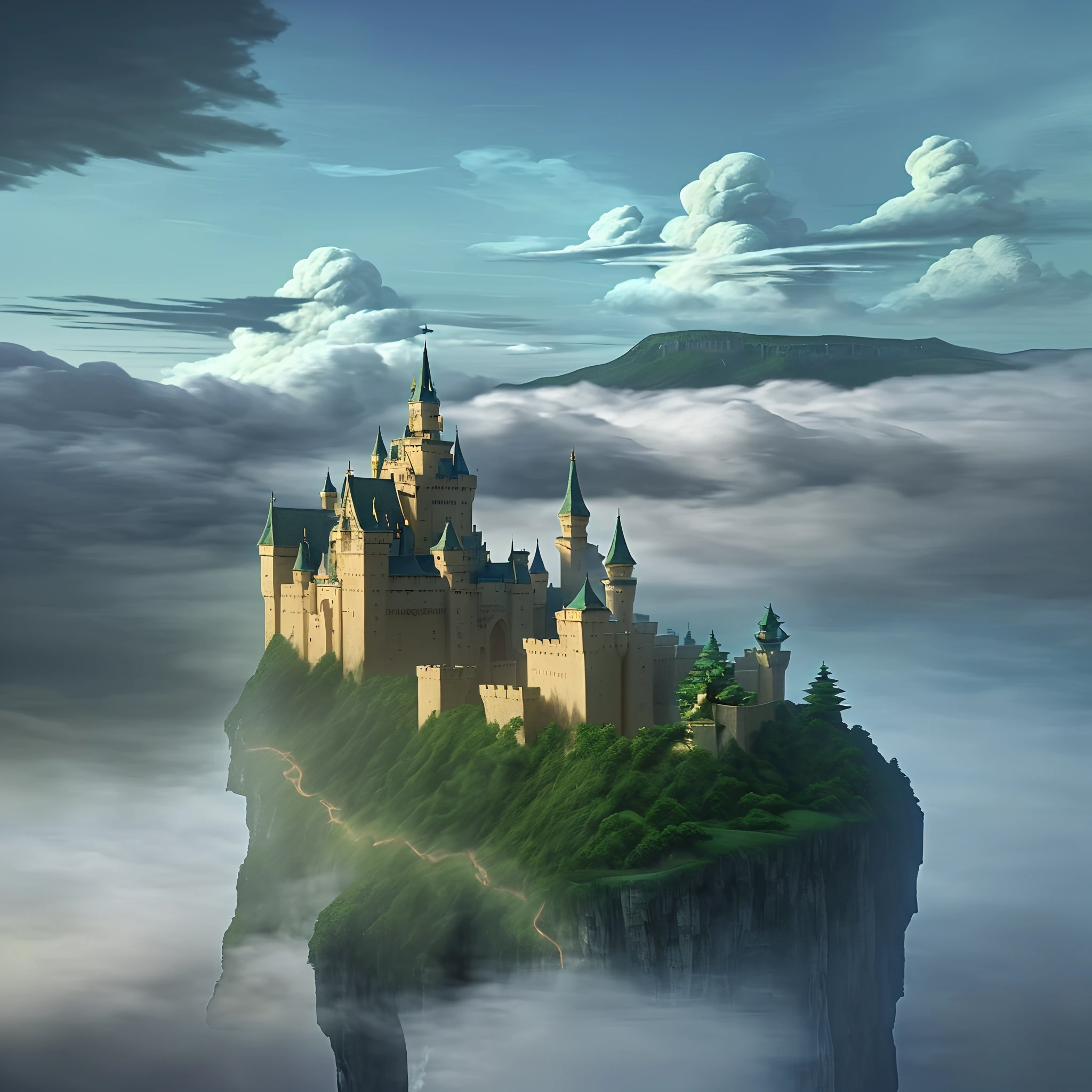 ​masterpiece、hightquality、Realistic、landscape shot、life-like、A detailed、Like the photo、Glowing castle in the sky、Deities々Castle in the Sky、Castle in the Sky、Flying Castle、Castle in the Sky、Castle of Glory、Castle above the clouds、Lush castle surrounded by trees