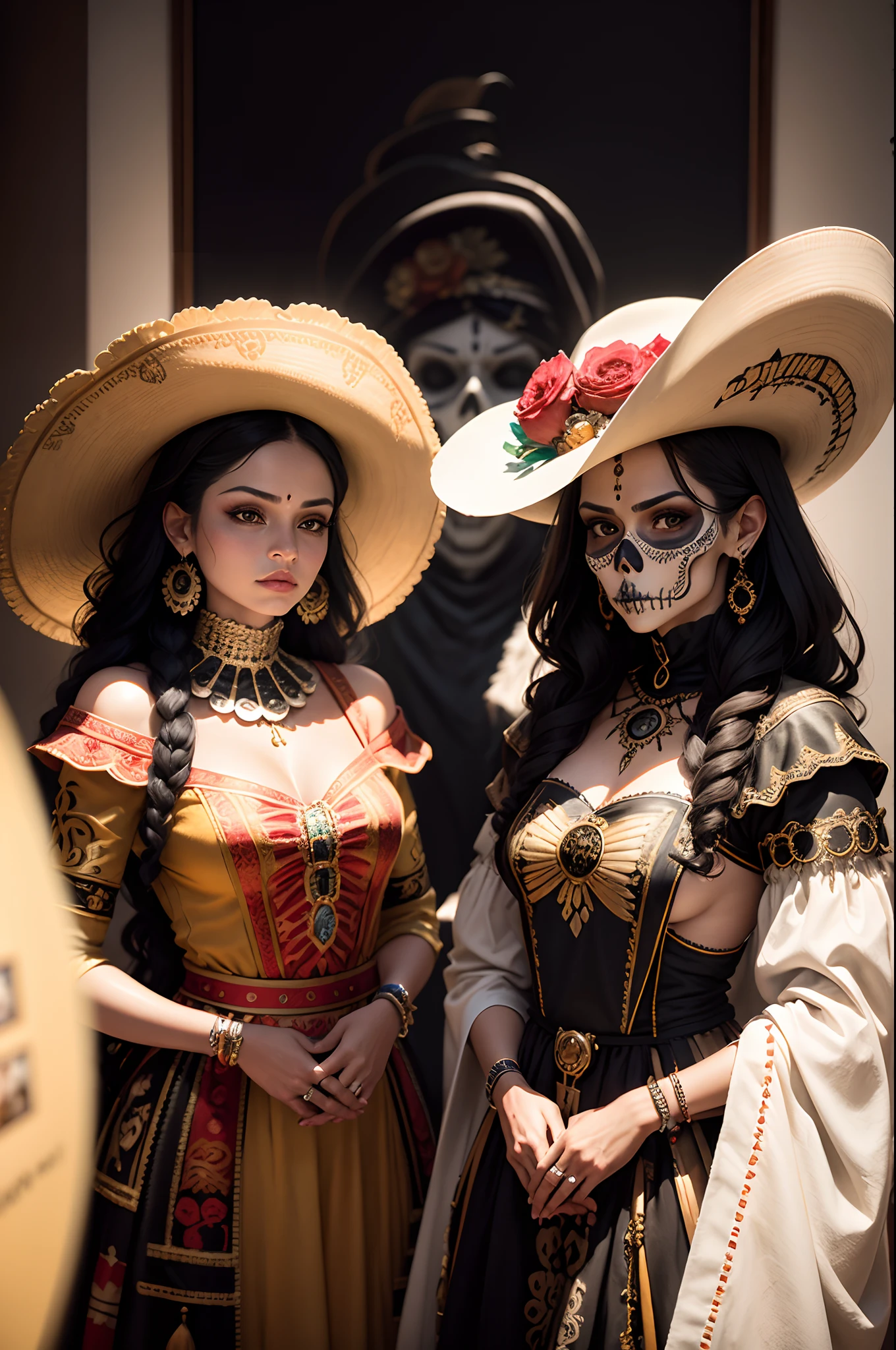 Realistic photography of the opening art show of mexican catrinas traditional skull make up portraits and artworks at a modern art gallery. Photos of the attendees looking at the artworks and enjoying the art show. Analog texture. Studio photo shoot. Complex composition. Dynamic poses.