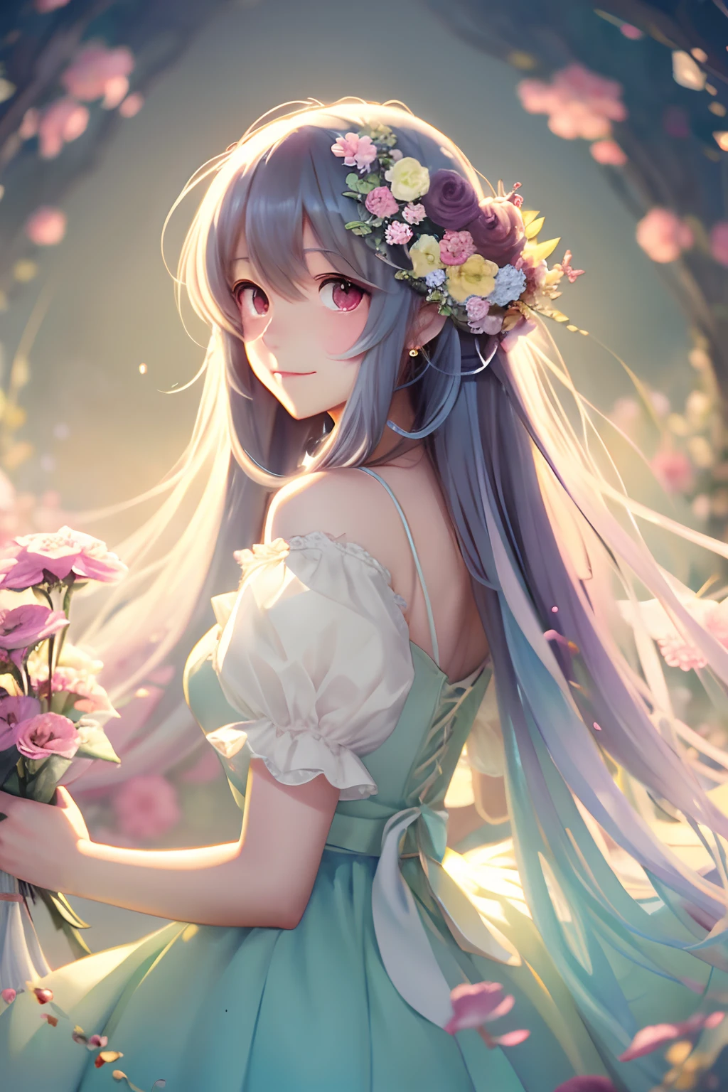 Anime - a girl in style with long hair and flowers in her hair, Cute anime waifu in a nice dress, Beautiful anime girl, cute detailed digital art, Beautiful Anime Portrait, guweiz on pixiv artstation, artwork in the style of guweiz, guweiz on artstation pixiv, Detailed Digital Anime Art, anime style 4 k