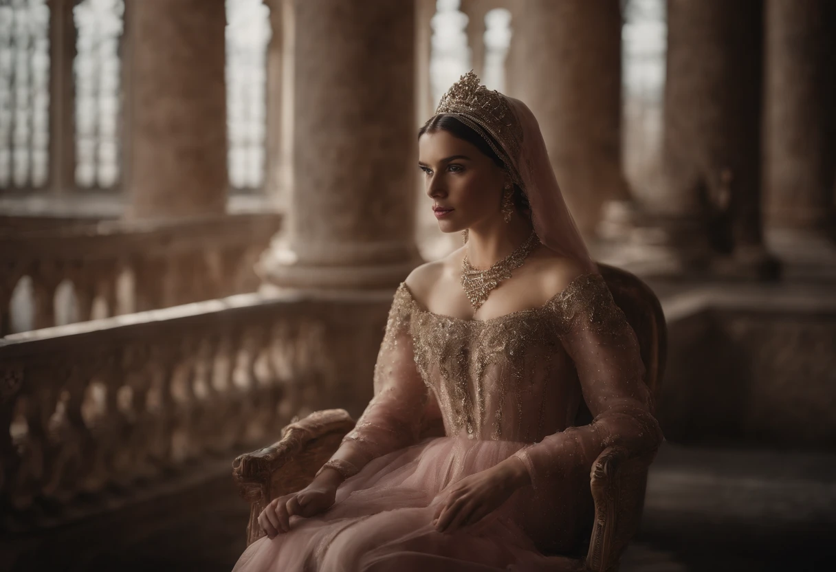 Photographic still of an Islamic princess, translucent skin,veins showing beneath it's skin, dark, onimous, extremely gorgeous, cats eye, pale pinkinsh skin, bloodlust, Ottoman Empire Era, forbidden Beauty, walking with her Pet kittens and Peacock in her Islamic Castle ’s garden and sits net to a marble water fountain which cause sprinkled on her pinkish cheeks, wearing long and huge transparent skin-tight princess outwear her gorgeous maids are standing in the back,