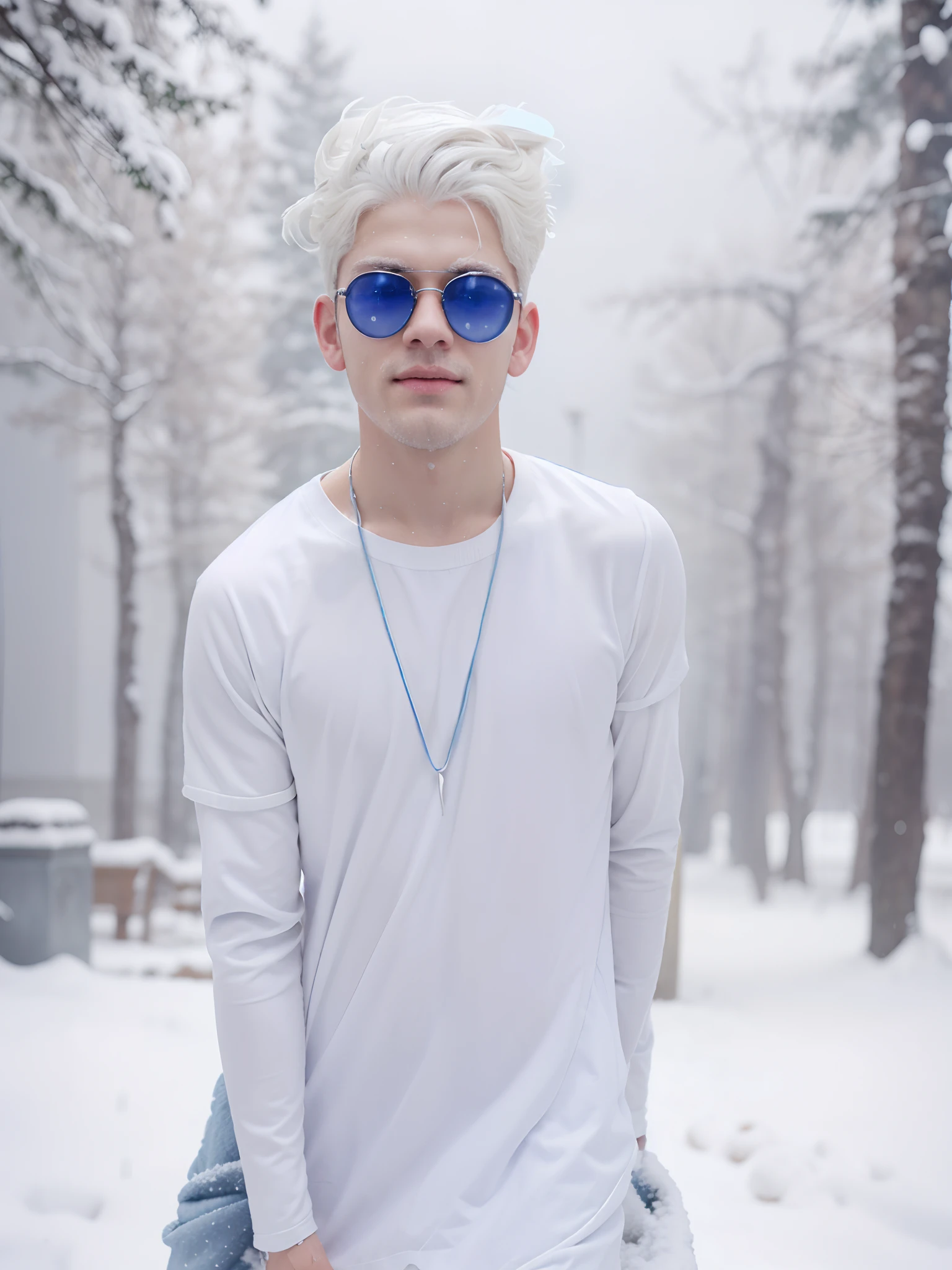 Background change into winter Snow rain with handsome boy with white hair with beautiful blue eyes  like anime carecter  realistic photos realistic photos 8k