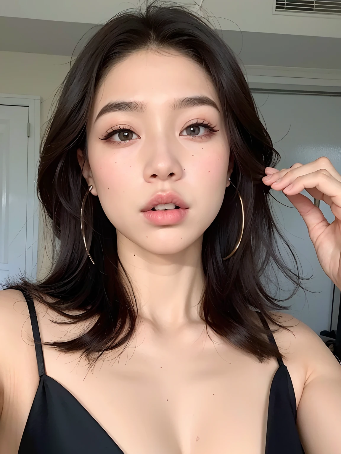 a close-up of a woman wearing a black bra and hoop earrings, Beautiful Asian girl, asian features, an Asian woman, 18 anos, south east asian with round face, Asian face, young cute wan asian face, Asian girl, asian beautiful face, Beautiful Asian woman, half asian, a young asian woman, lindo rosto delicado