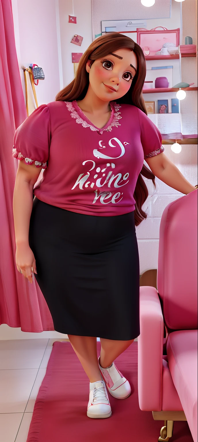 There's a woman sitting on a pink sofa with a pink chair, coluna, corpo inteiro, imagem de corpo inteiro, ela tem uma barriga redonda gorda e agitada, Parece Fabiula Nascimento, by Gina Pellón, mulher plus size, Estefania Villegas Burgos, 1614572159