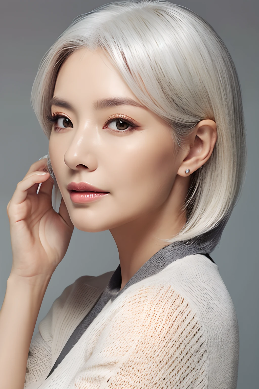 Woman with voluminous hair with pure white gray hair top