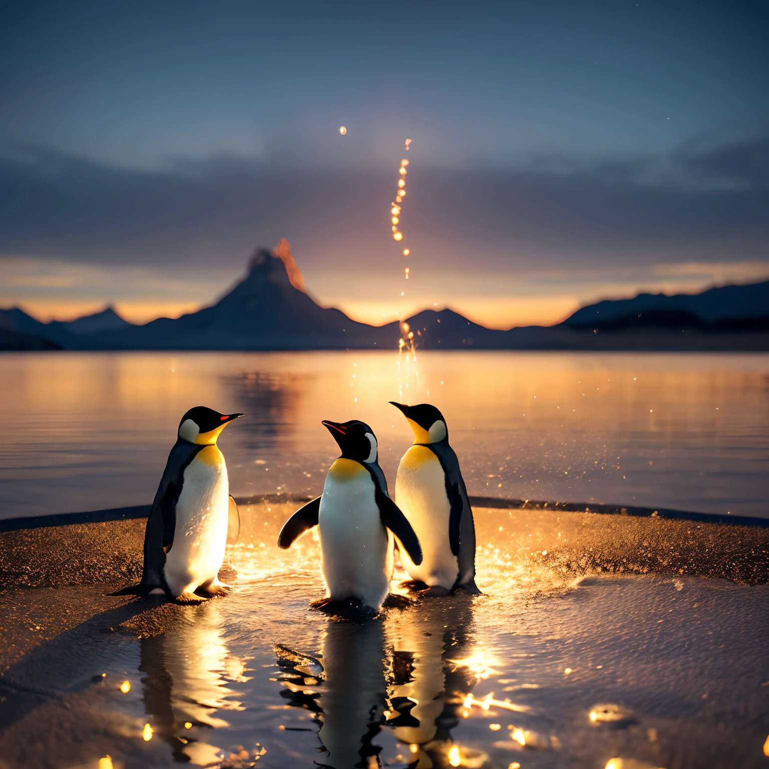 An inspiring scene in ultra-high definition 3D showcasing penguins making wishes on the shores of a tranquil lake. penguin, Beautifully rendered down to the smallest detail, Bubbles are seen gently blown into the air, Each has a wish of hope. Bubbles capturing the reflection of the setting sun, Dreamy creation, magical effect. The overall atmosphere is soft, Full of hope and tranquility