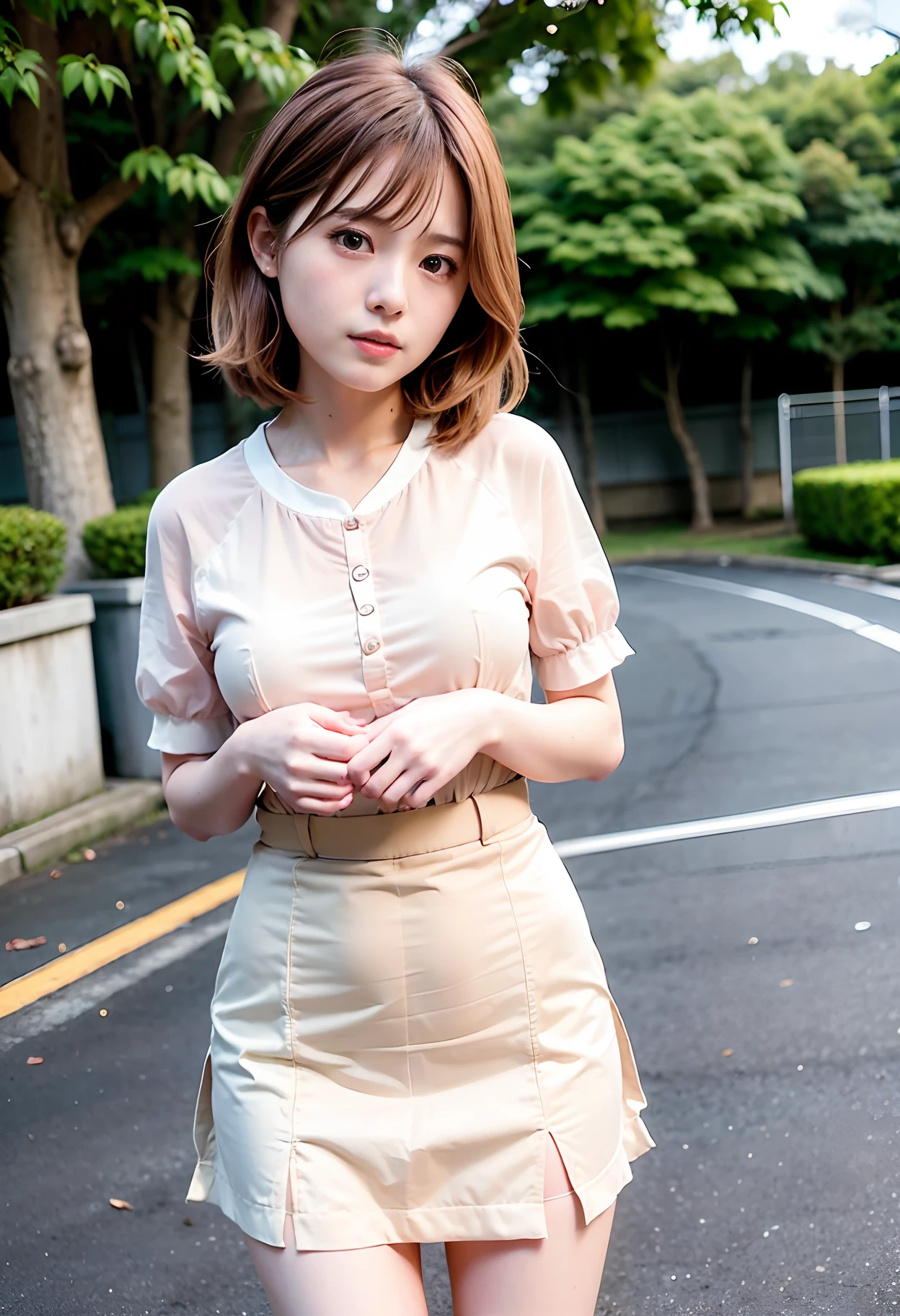 Mai Shiraishi, 1 girl, high school style, in front of the school gate, bust 88, waist 58, hips 85, brown hair, bob, (8k, RAW photo, top quality, masterpiece: 1.2), (realistic, photoreal: 1.37),