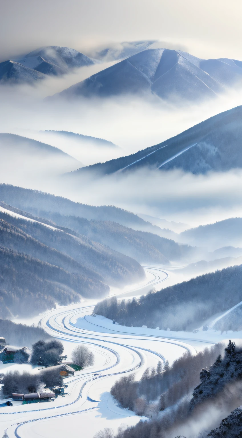 Winter snow，Village in the distance，Smoke from the chimneys of houses at the foot of the hill，taur、pecora,mont,Snow on the top of the mountain，The creek is covered with a thick layer of snow，Chinese classical ink painting style，high detal,hyper HD,Ultra-high-definition graphics,超高分辨率,Cool white,Poster style