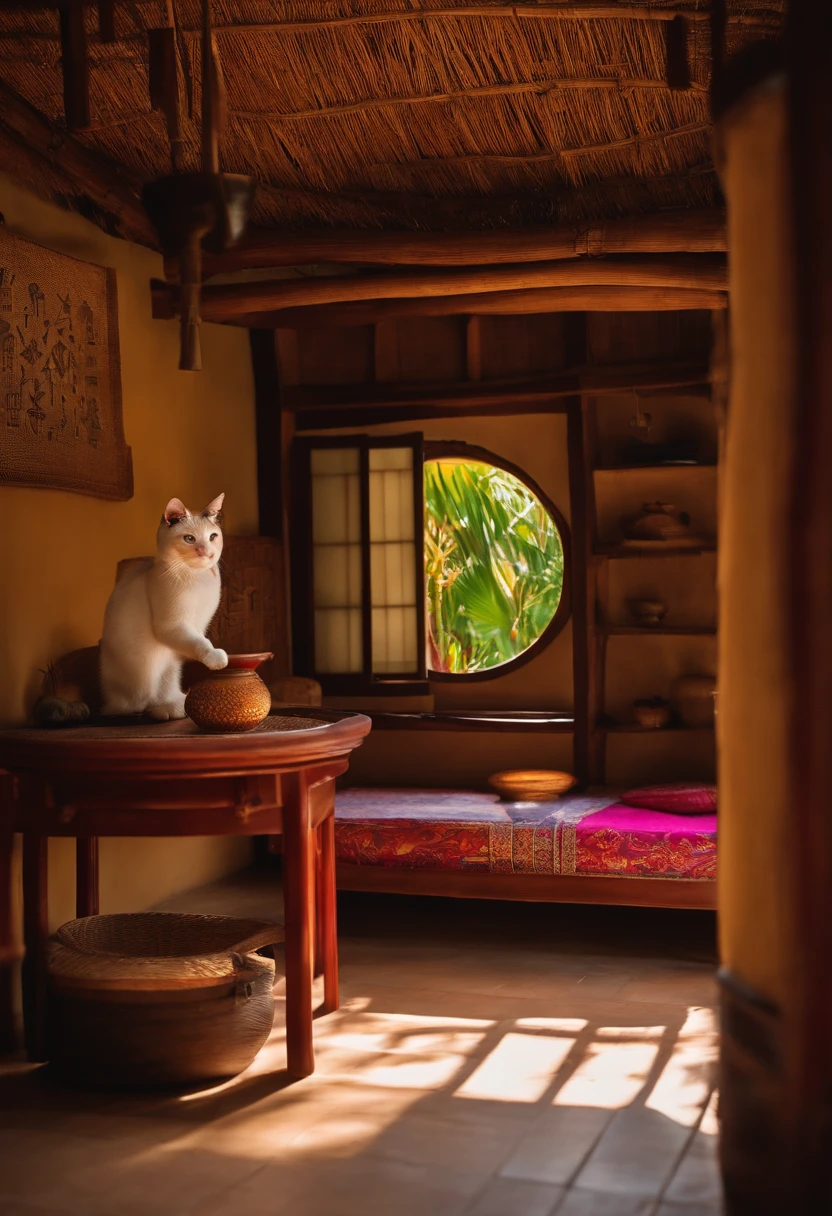 Lucky Cat is located in a circular thatched hut, Ancient Chinese architectural accessories, cerejeiras em flor, Prados, Rochas