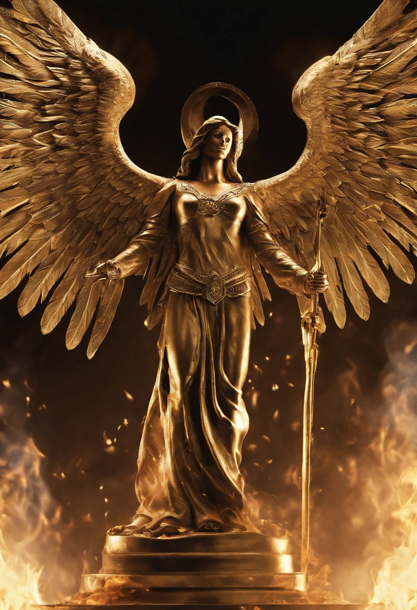 ((the Justice angel)),(hand flame blaze reflect dizzle light),burnning up in fire,equiped with golden armer,shinning eyes,background in holy gold color