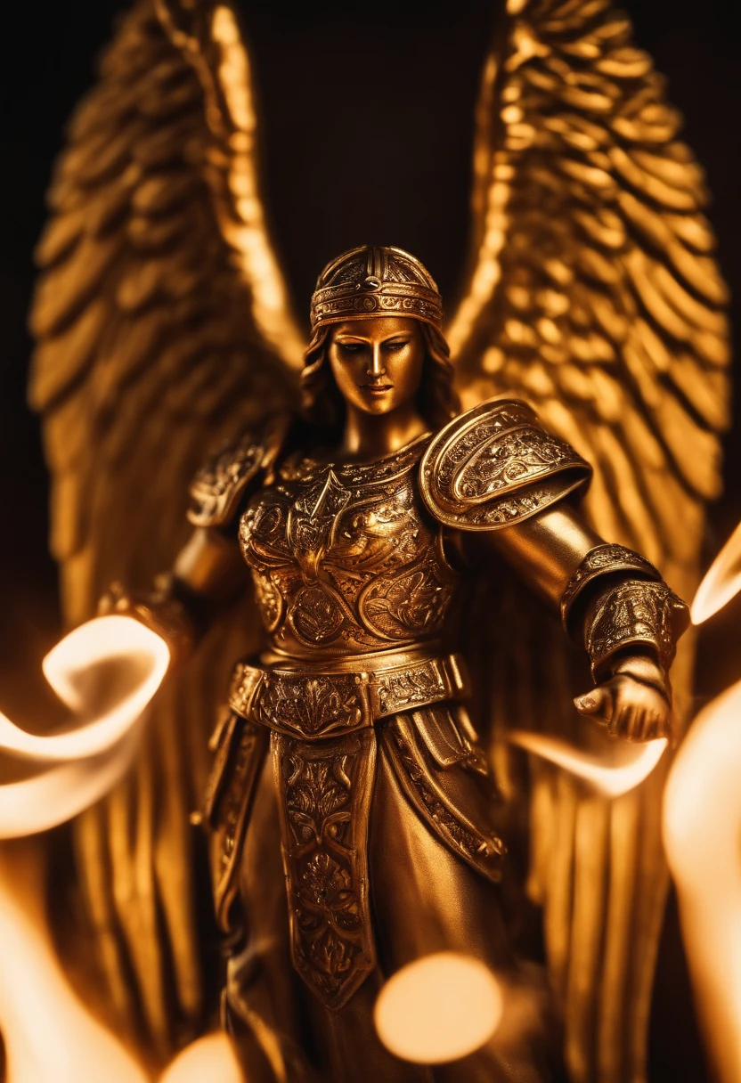 ((the Justice angel)),(hand flame blaze reflect dizzle light),burnning up in fire,equiped with golden armer,shinning eyes,background in holy gold color
