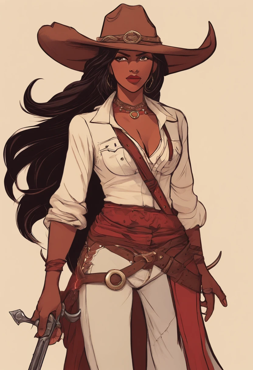 female tiefling devil rpg character with round ram horns and light red skin. wearing gunslinger cowboy outlaw style outfit. sexy cute but fully clothed. dark hair medium length hair holding gun. Setting is in desert old western style