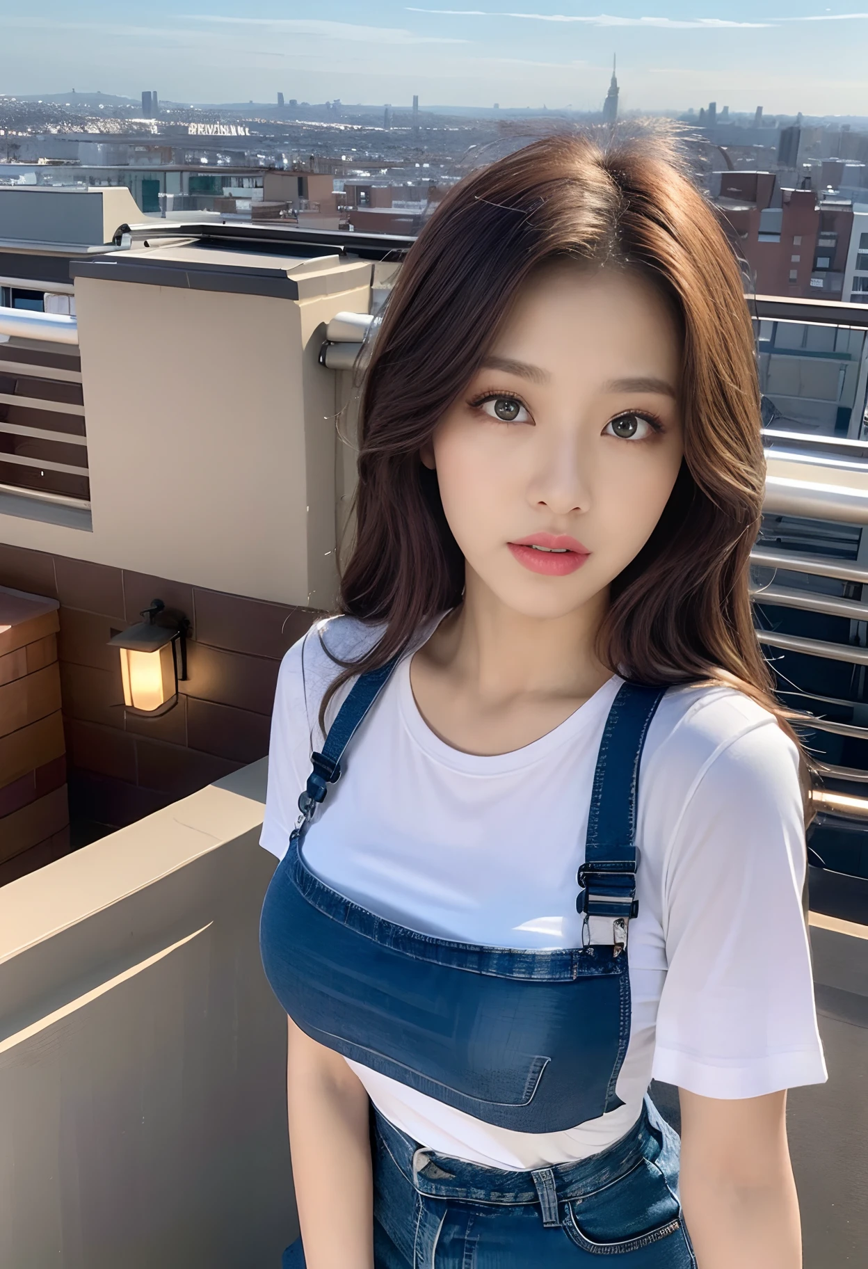 ((Midnight, Best quality, 8k, Masterpiece :1.3)), Whole body, Long legs, Sharp focus :1.2, A pretty woman with perfect figure :1.4, Slender abs :1.1, ((Dark brown hair, Big breasts :1.2)), (White tight tshirt, Jean bib, Standing:1.2), ((Night city view, Rooftop:1.3)), Highly detailed face and skin texture, Detailed eyes, Double eyelid