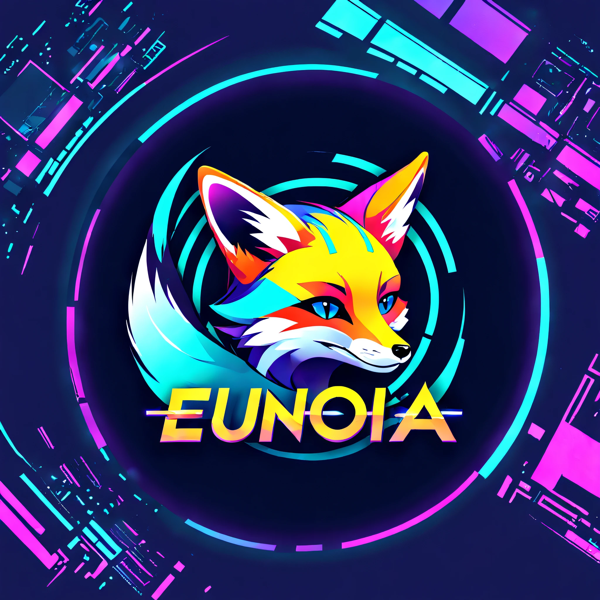 cyberpunk logo of the fox with text "EUNOIA", colourful, text as "euNoia", style_brush