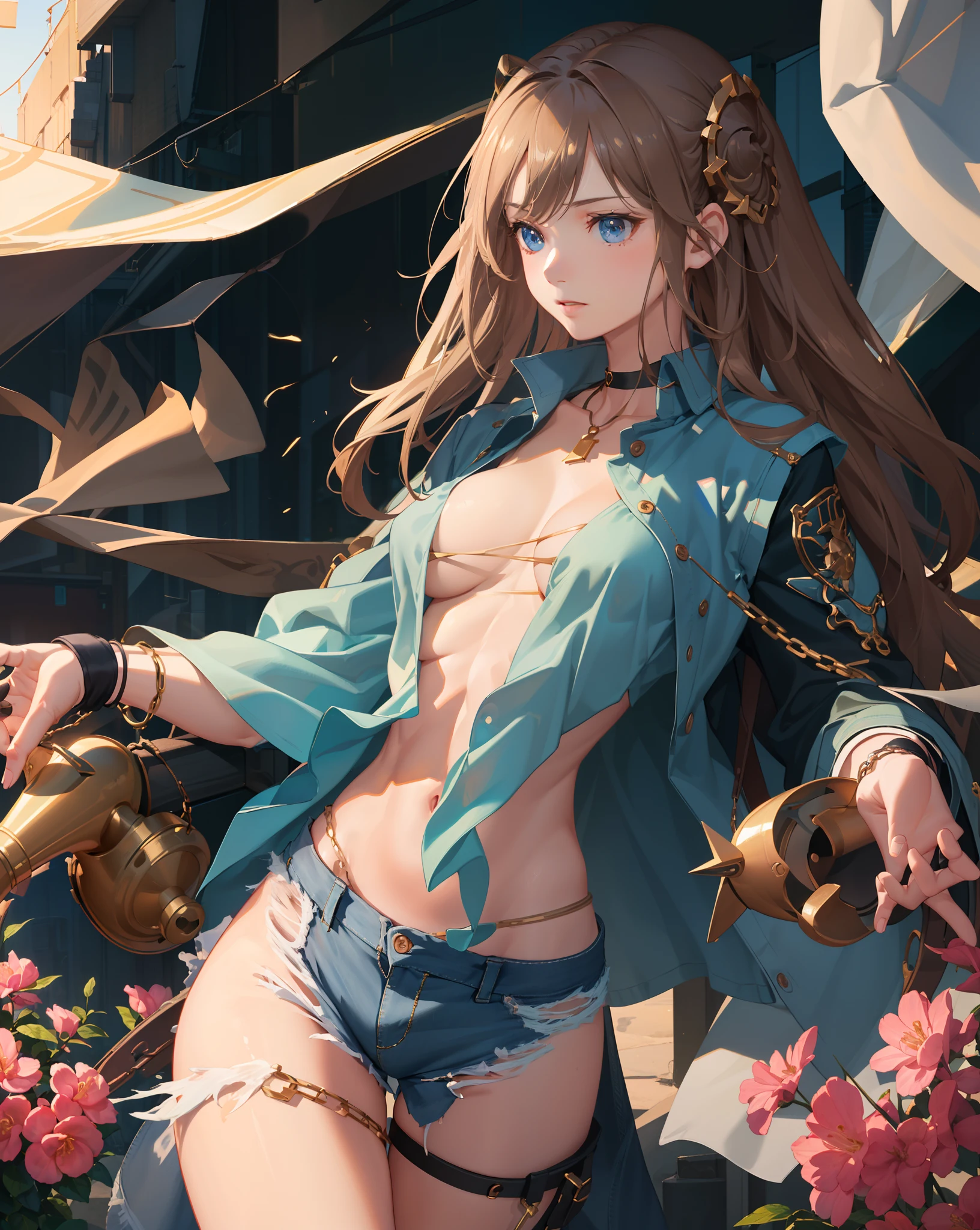 ((Large breasts, long hair, small head)), daylight, sunlight, (well-defined abs: 1.1), (perfect body: 2.1), (short wavy hair: 1.2), russet hair, collar, chain, full body photo, shabby street, wearing a black tank top, denim jacket, ((shorts)), (extremely detailed CG 8k wallpaper), (extremely delicate and beautiful), (masterpiece), (Best Quality: 1.0), (Ultra Resolution: 1.0), Beautiful Lighting, Perfect Lightning, Realistic Shadows, [High Resolution], Detailed Skins, Ultra Detailed