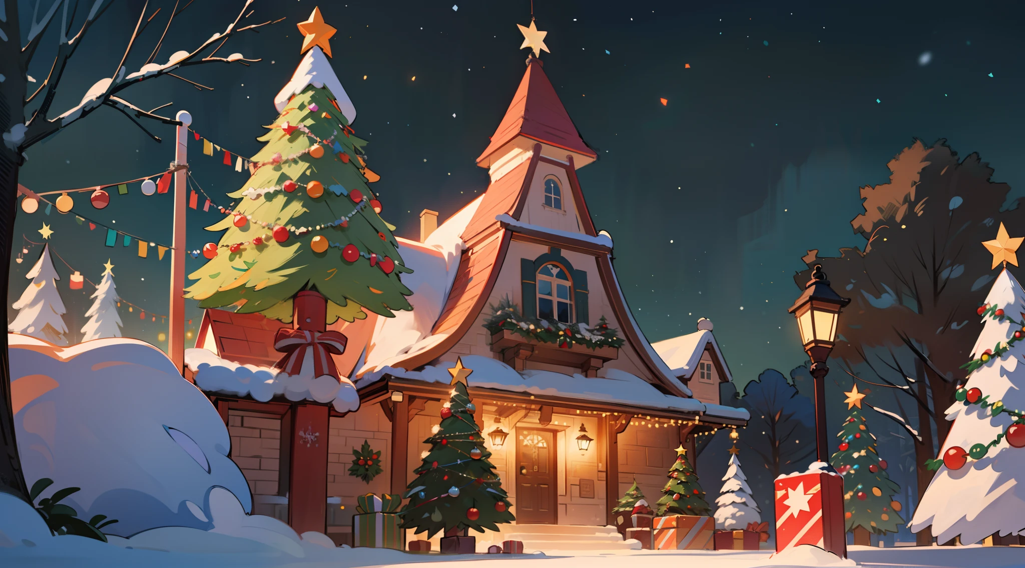 best qualtiy,16k,8K,True exposure,Ray traching,Excellent image quality,Christmas poster,Christmas atmosphere,A real Christmas tree,pompon,bell,Luminous colored light bar,outside,Chilling,Santa Claus hat,Christmas decorations are hung on the wall,snowflower