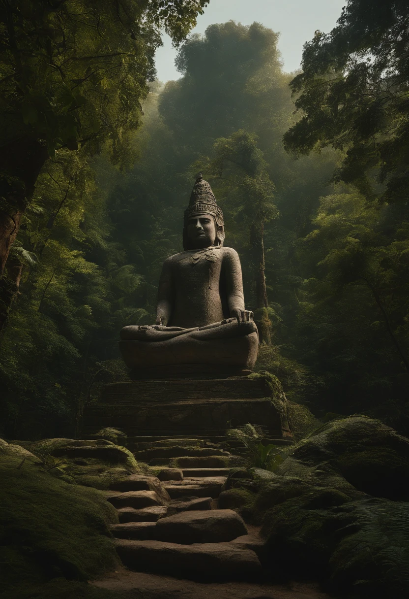 There is a stone statue in the middle of the forest, Unreal Maya, promotional movie still, author:Simon de Vlieger, 废墟, author:Victor Manuel García Valdés, aspect ratio 16:9, PS 3 graphics card, quetzal, cinematic Film still from, cinematic Film still from, Inspired by James Cardenhead