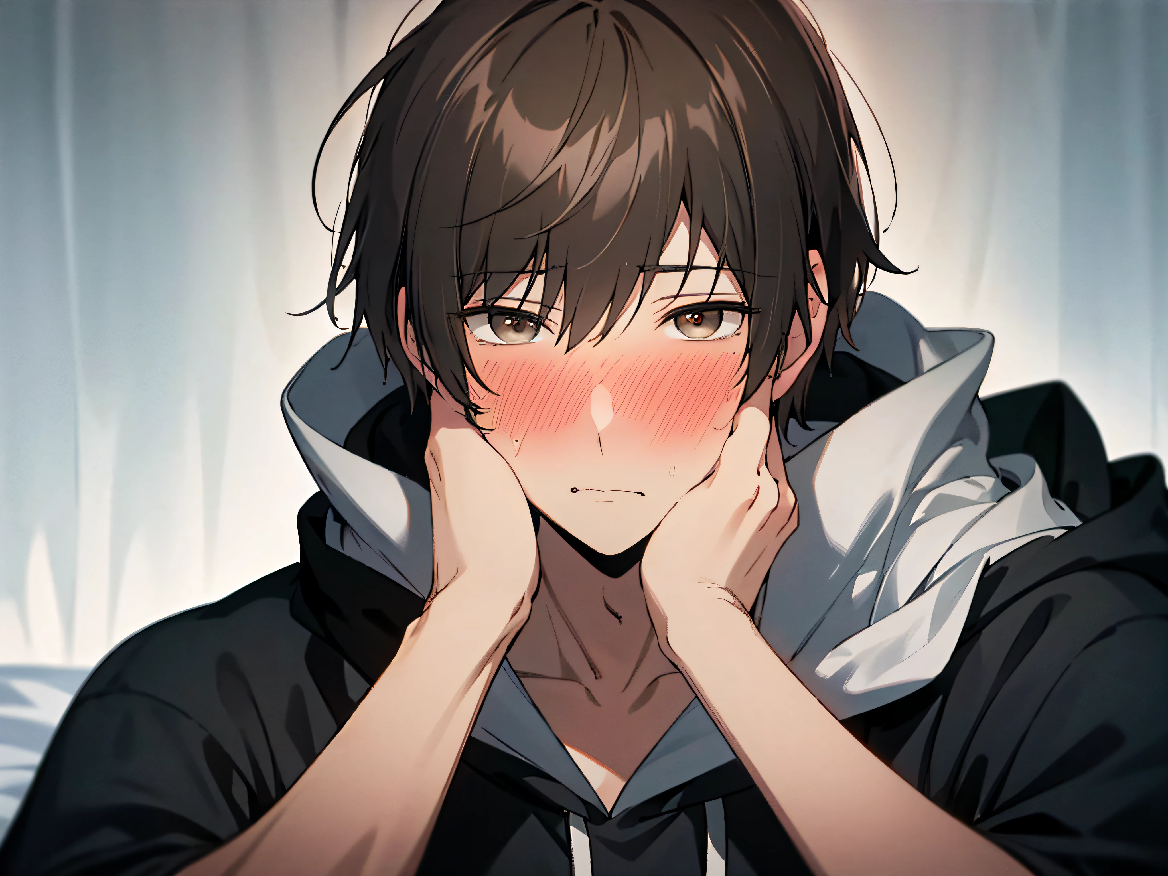 Steppiece, Best Quality, High quality, 1boy, Solo, Male Focus, Looking at Viewer, upper body , Eyes Black, A dark-haired, , Hoodie,hands on own face, blush, Shy,a bed