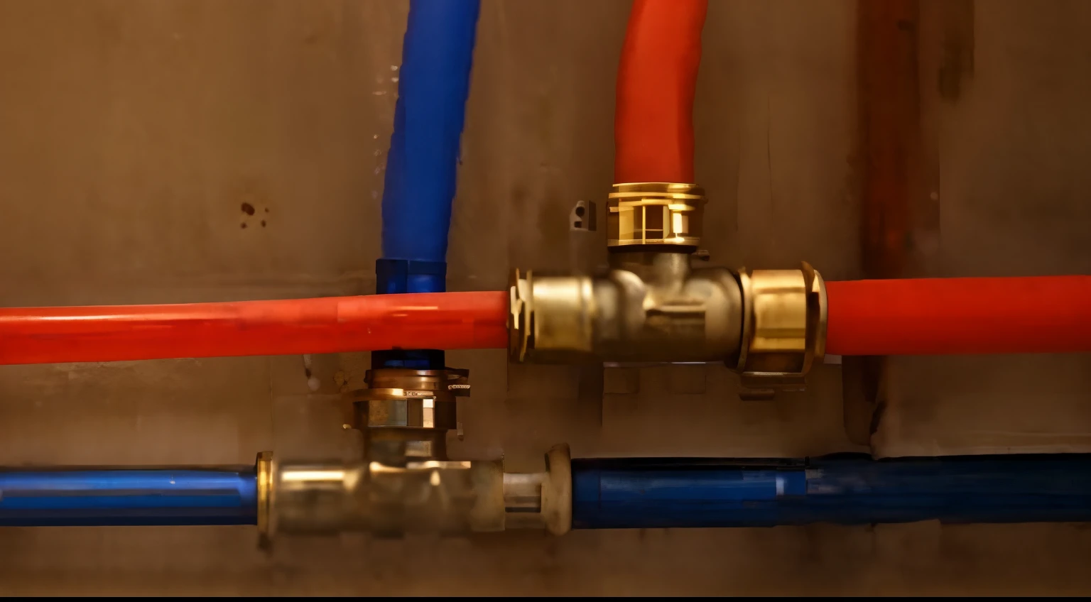 there are two red and blue hoses connected to a brass pipe, pipes, odd pipes, piping, brass pipes on the walls, broken pipes, with pipes attached to it, valves, drainpipes, hoses, steam pipes, pipes and valves, pipe, brass, pipelines, many pipes, old copper pipes, water pipe, wires and tubes, closeup photograph, tubes