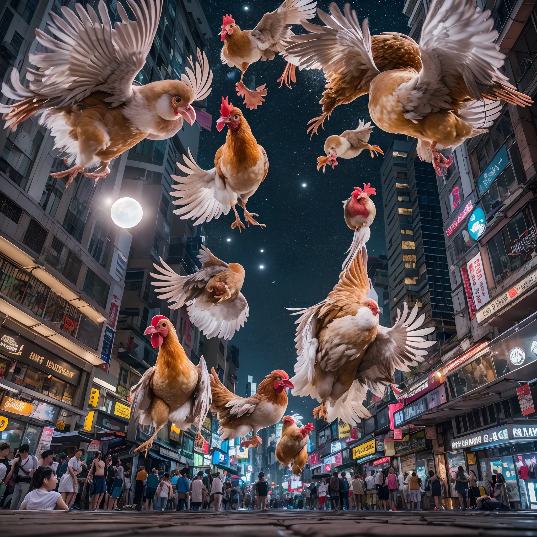 hyper realistic photo of 3 floating upside down chicken in bustling and crowded Kuala Lumpur city street with moon background, nighttime, floating due to zero gravity, people look and shocked to the chicken, bokeh, high quality, professional photography editing, ultra detail, 8k