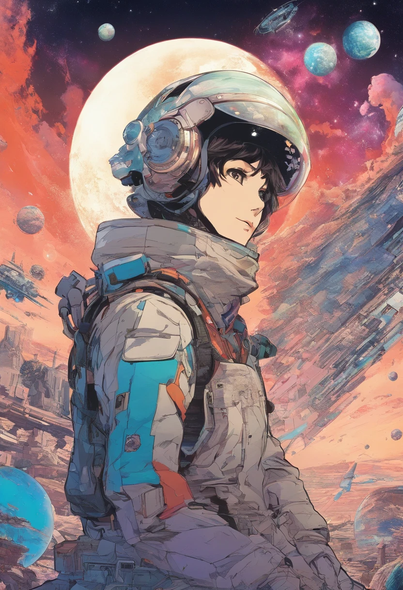 Anime Type, A person sitting on the ground and looking at the planet, Space Cowboy, cyberspace cowboy, Inspired by Josan Gonzalez, By Shinkai Makoto ( Apexlegends ), akira artstyle, Ross Tran Still, Akira Vibes, akira artstyle, Float next to the planet, josan gonzales, Science Fiction Art!!!!!!!, josan gonzales!!!, in the universe, Modern Sci-Fi Anime