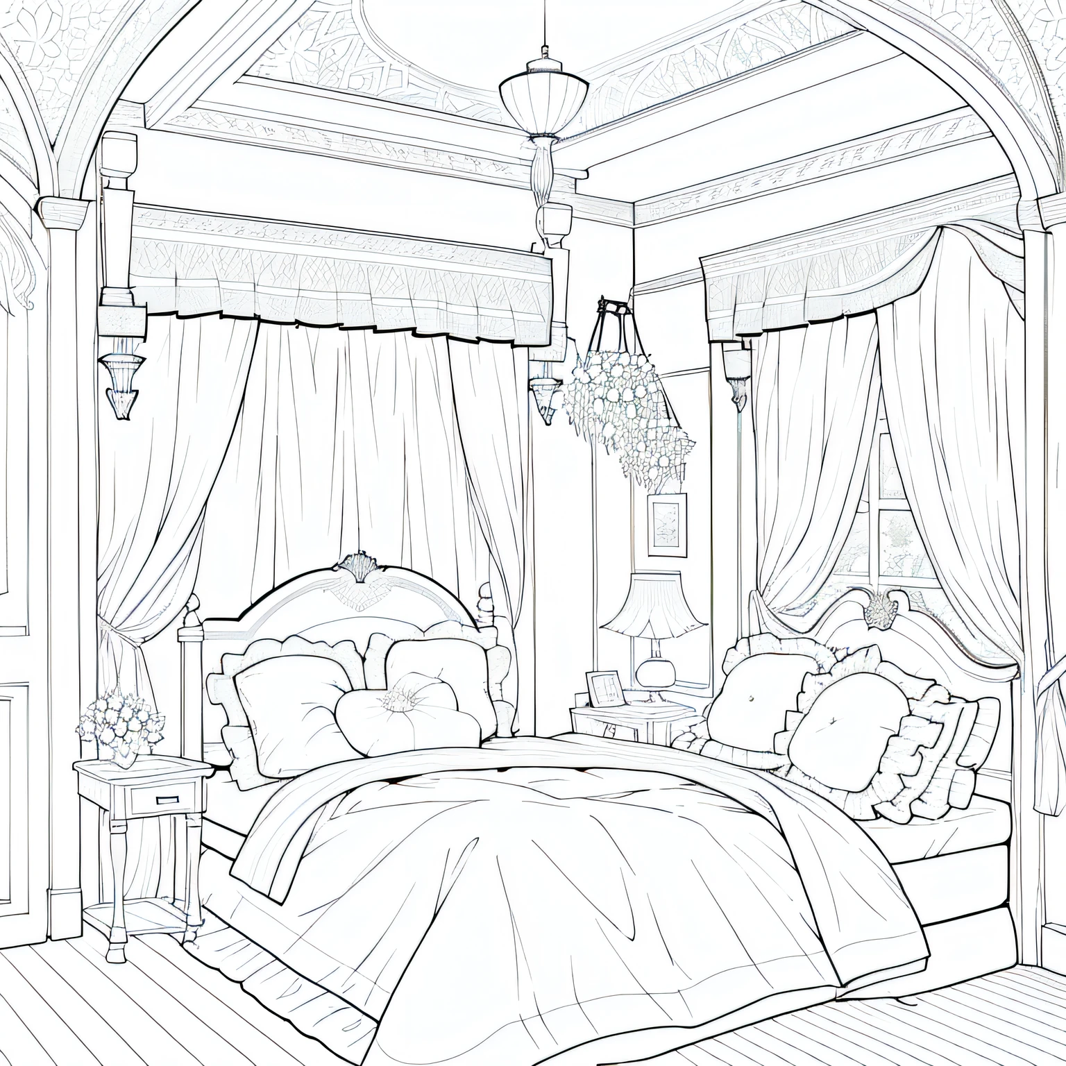 (higher resolution), a cute bed room, cushions, flowers, lamps, opened windows, decorations, ((line art)), (high detail)