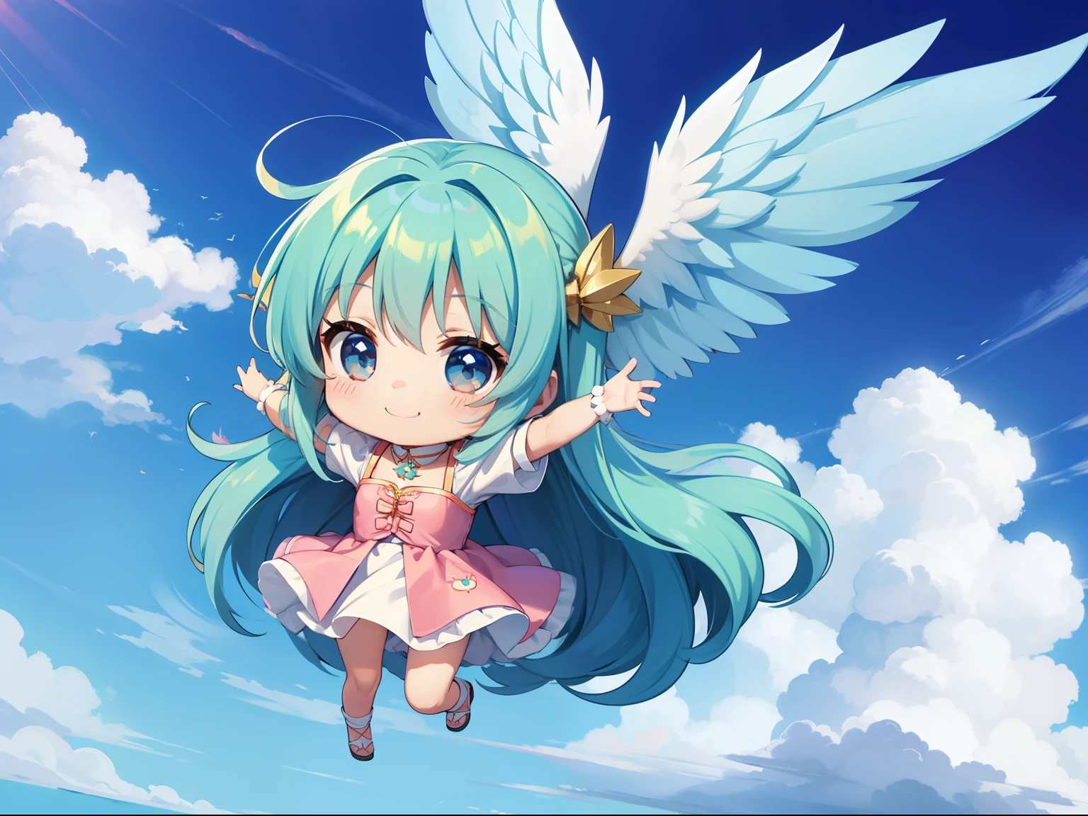 tiny girl　adorable smiling　With colorful angel wings、Flying in the sky。long hair with blue hair((Chibi Chara))、Girl in cute costume、Chibi Chara、full body Esbian、masutepiece、top-quality、Large in the center
