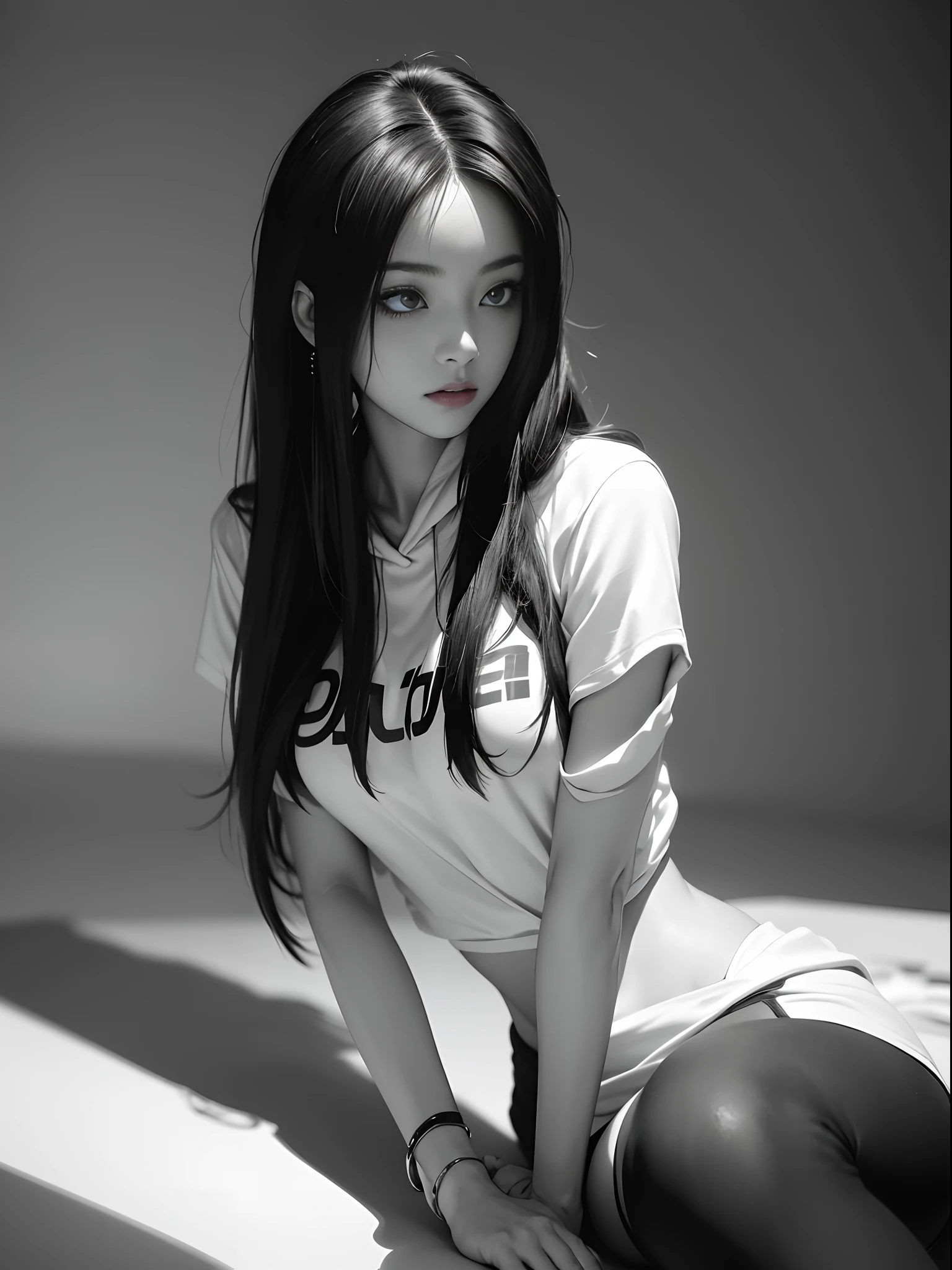 Photorealistic, high resolution, ultra high graphics, Black and white, amine girl, 1 girl, solo, long hair, perfect figure, attractive figure, beautiful, cute, lonely, captivate eyes, is sitting, inner, upper body, hoodie, looking down