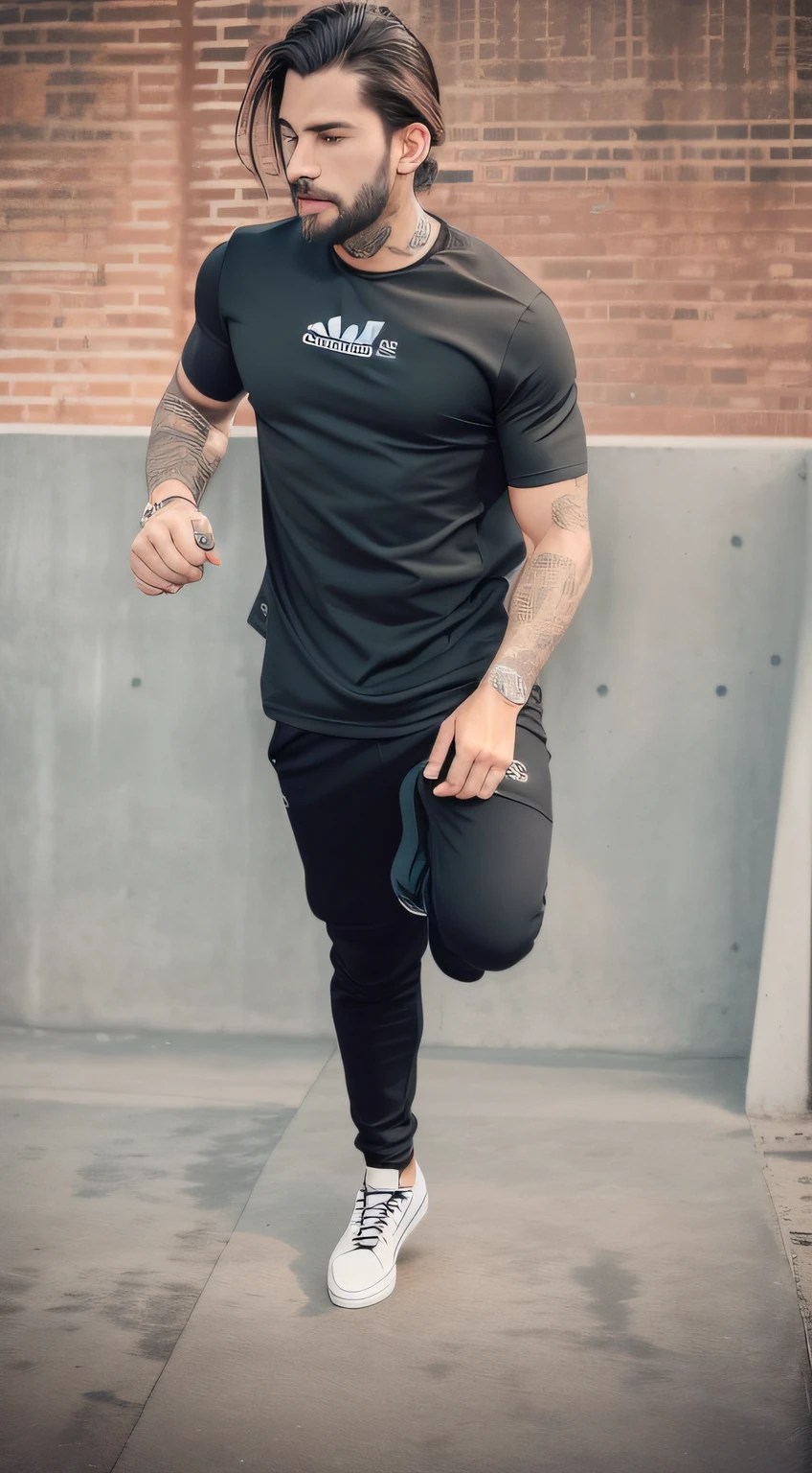 there is a man standing on a skateboard in a skate park, full body picture, wearing black tight clothing, wearing in black clothes, wearing black tshirt, with a cool pose, sports clothing, black outfit, wearing adidas clothing, he is wearing a black t-shirt, distant full body view, wearing track and field suit, wearing a black tshirt, in black uniform