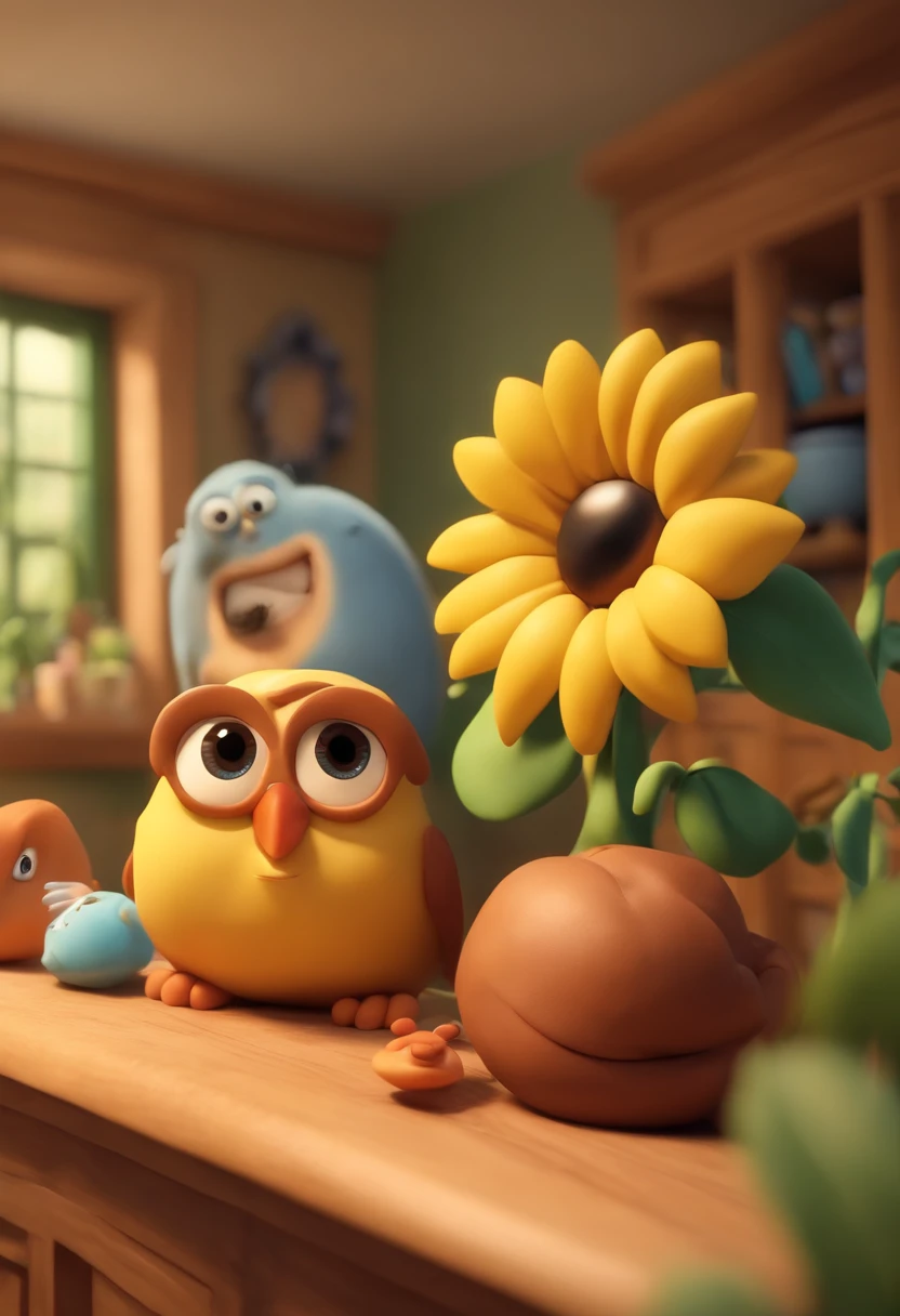 Create a Disney PIXAR-style 3D poster. ((centro da imagem, Triplets)), ((3 )) ((1 menino no meio e 2 meninas ao lado, They're hugging each other, O menino tem pele castanha e cabelos castanhos escuros e olhos castanhos escuros, 1 menina tem pele clara, olhos e cabelos escuros e cacheados, e a outra menina tem pele morena, olhos escuros e cabelos escuros e lisos)) ((tudo isso no estilo Disney PIXAR 3D, In the background, A house of sunflowers, Gloria Studio, The garden is full of nature 3D render RTX clay material, estilo de design cartunesco, POP Mart, soft lighting, linhas suaves, Spring tilt, Detailed illustrations of PIXAR 3D, Detalhes hiper-realistas, cor quente no estilo Disney PIXAR 3D))