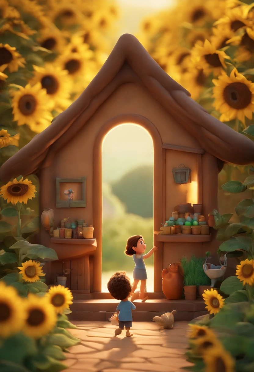 Create a Disney PIXAR-style 3D poster. ((centro da imagem, Triplets)), ((3 children)) ((1 menino no meio e 2 meninas ao lado, They're hugging each other, O menino tem pele castanha e cabelos castanhos escuros e olhos castanhos escuros, 1 menina tem pele clara, olhos e cabelos escuros e cacheados, e a outra menina tem pele morena, olhos escuros e cabelos escuros e lisos)) ((tudo isso no estilo Disney PIXAR 3D, In the background, A house of sunflowers, Gloria Studio, The garden is full of nature 3D render RTX clay material, estilo de design cartunesco, POP Mart, soft lighting, linhas suaves, Spring tilt, Detailed illustrations of PIXAR 3D, Detalhes hiper-realistas, cor quente no estilo Disney PIXAR 3D))