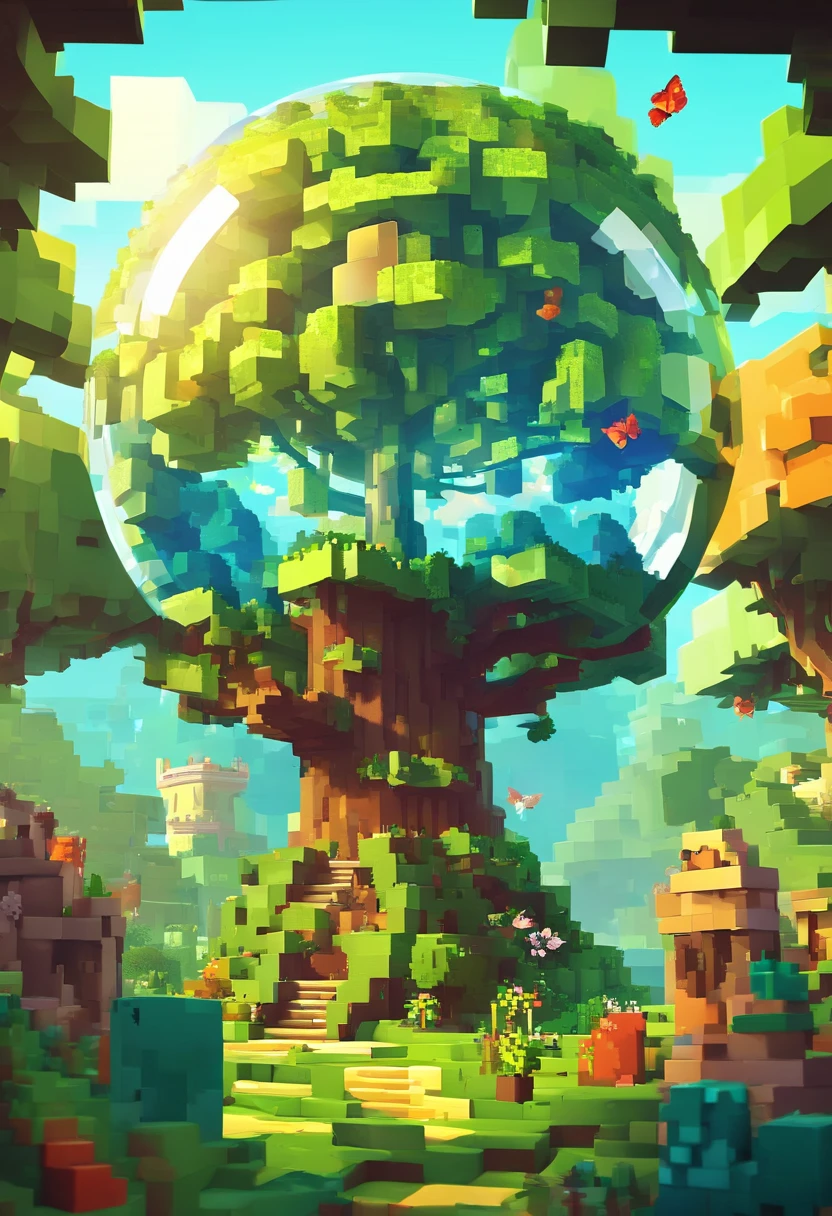 (masutepiece),(Best Quality:1.0), (超A high resolution,), Detailed, Glass Ball,There is a tree inside, Digital Art, cg society contest winner, Butterflies and sunlight, concept art design illustration, beautiful digital illustrations, Closed ecosystems