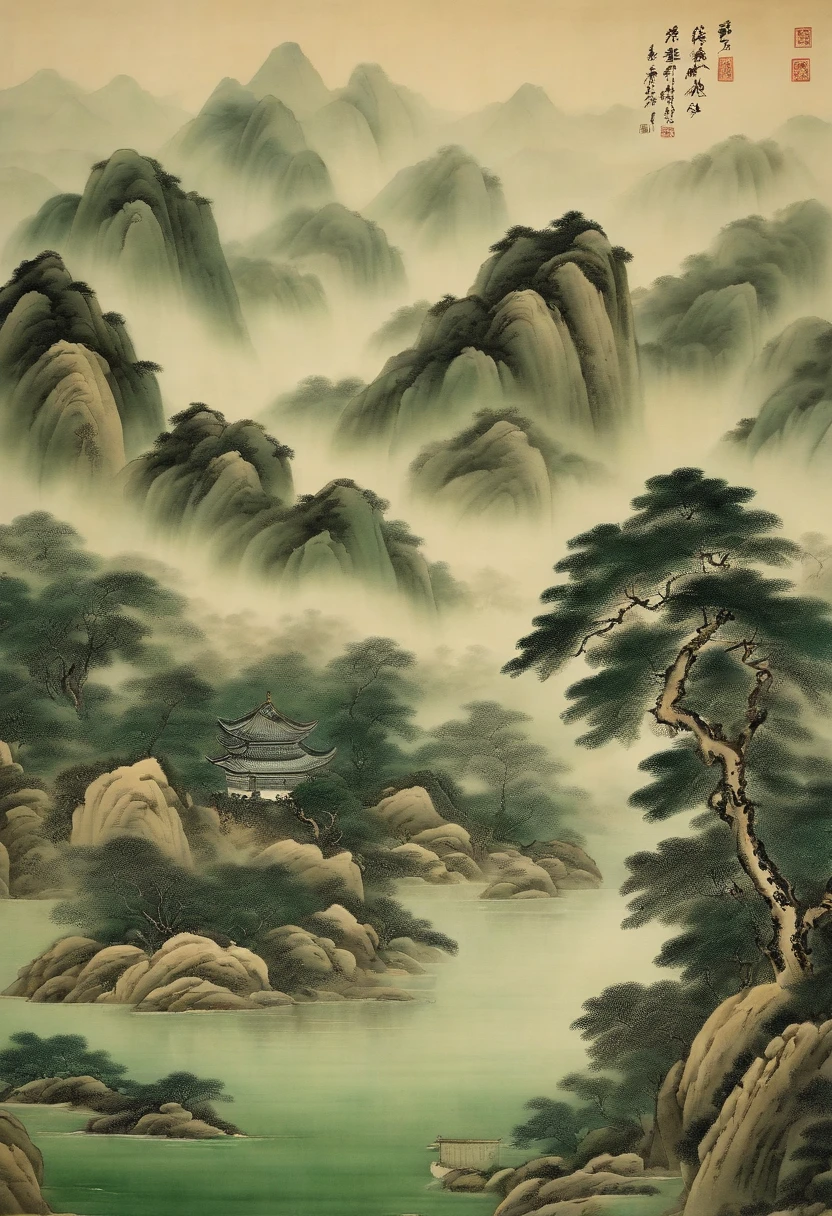 Chinese Painting, Green Landscape, Magnificent, Scripted Landscape, Song Dynasty Scene, Masterpiece, Best Quality, Very Detailed, Superbly Detailed, High Mountains and Flowing Water