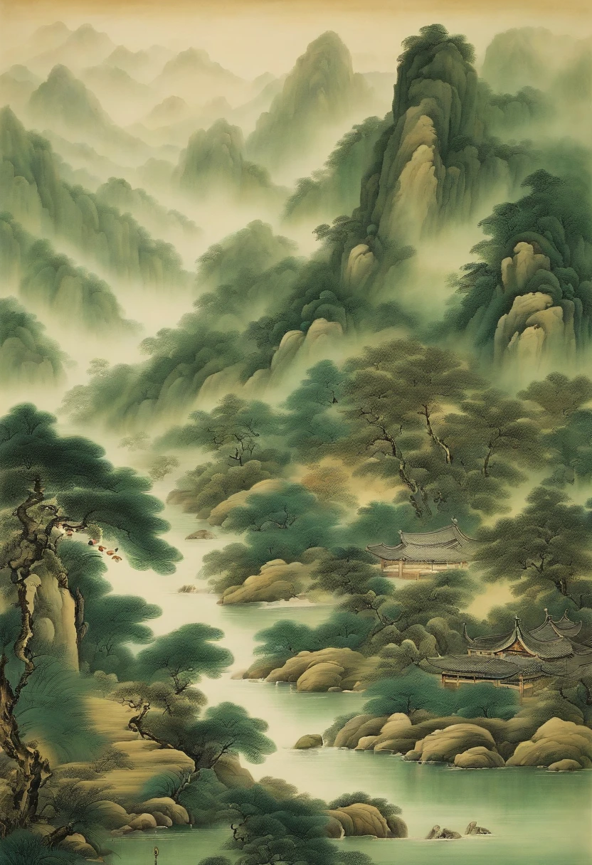 Chinese Painting, Green Landscape, Magnificent, Scripted Landscape, Song Dynasty Scene, Masterpiece, Best Quality, Very Detailed, Superbly Detailed, High Mountains and Flowing Water