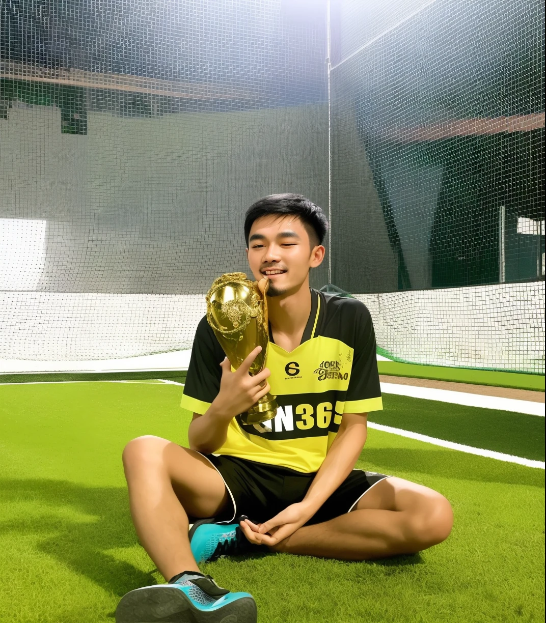 there is a man sitting on the ground holding a trophy, wining, indoor shot, competition winning, 🌻🎹🎼, 🔞🤡, captured on canon eos r 6, dribble contest winner, thawan duchanee, captured on iphone, 🤬 🤮 💕 🎀, winning, holding a 🛡 and an 🪓