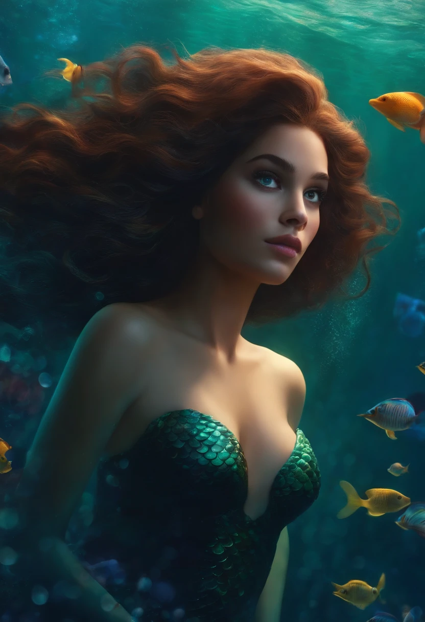 Post Disney Pixar. Mermaid, underwater, sea, ocean, cabelo preto medio liso ondulado, olhos castanho, morena,