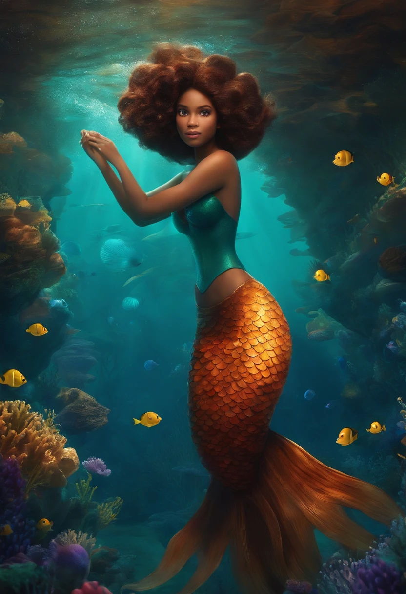 Post Disney Pixar. Mermaid, underwater, sea, ocean, cabelo preto medio liso ondulado, olhos castanho, morena,