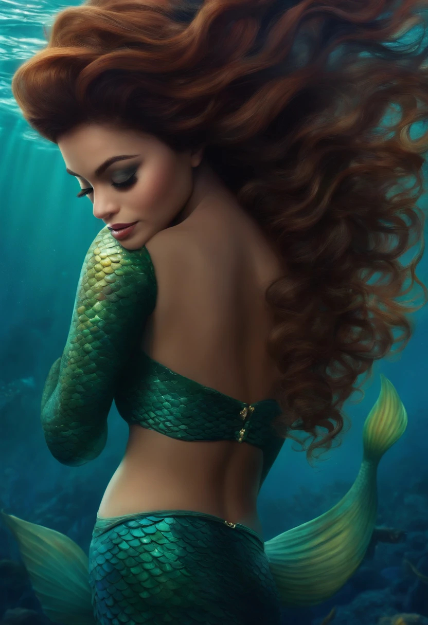 Post Disney Pixar. Mermaid, underwater, sea, ocean, cabelo preto medio liso ondulado, olhos castanho, morena,