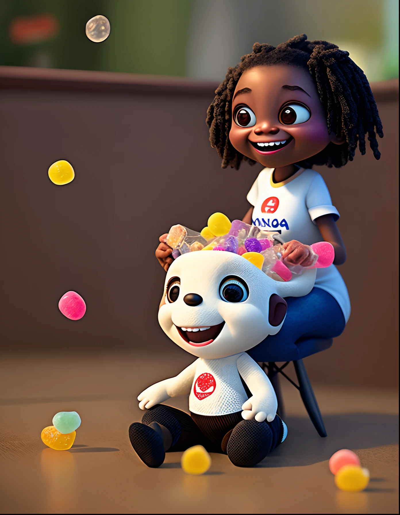 fofo, adolable, menina preta sorridente no vestido, sitting on the floor, Acai cup with candies flying around you, Pixar, Disney, Cinema lighting, Jogos, 8k, Magic, amor