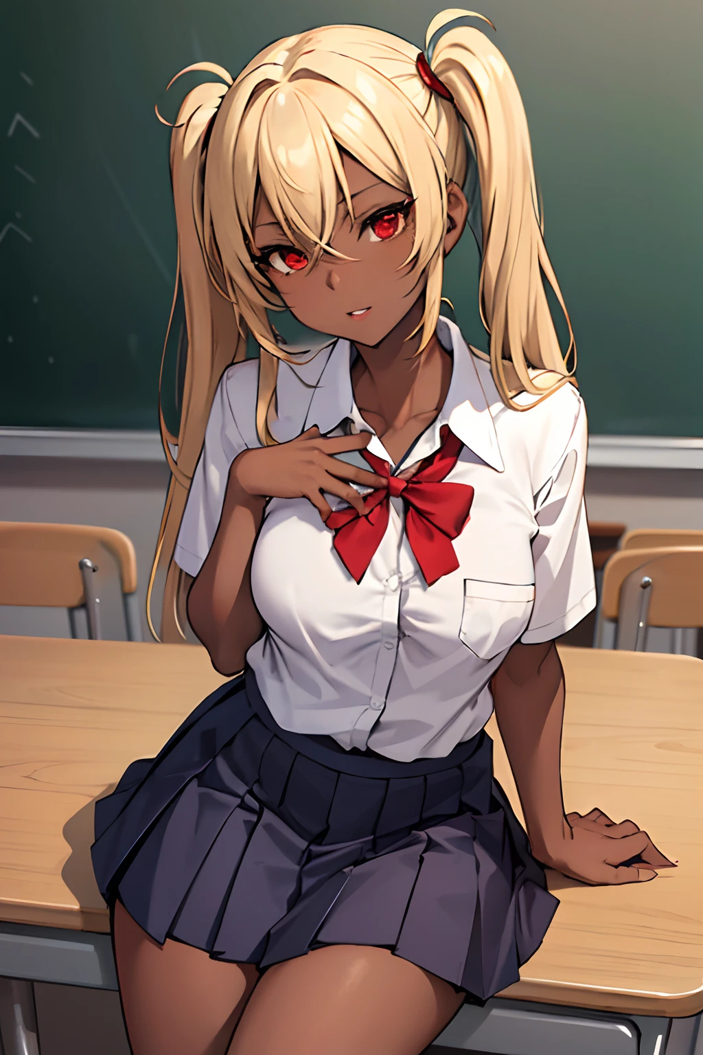 (masterpiece:1.2, best quality), 1lady, solo, school uniform, classroom, day, sit, blonde, twintails, red eyes, open collabone, darkskin, (open breasts:1.1),