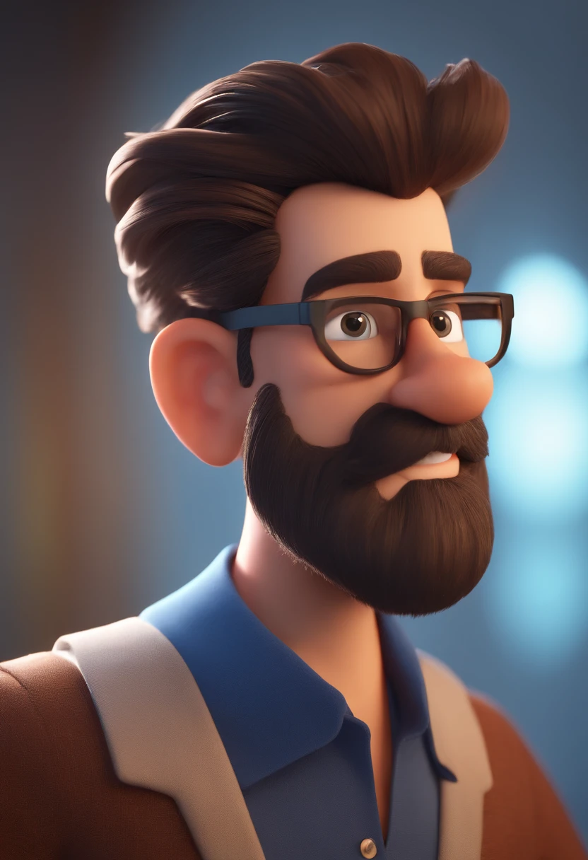 Cartoon character of a man with black glasses and long beard in a blue shirt, animation character, Caractere estilizado, animation style rendering, 3D estilizado, Arnold Maya render, 3 d render stylized, toon render keyshot, Personagem 3D, Personagem 3D, 3d rendering stylized, 3 d character render, personagem de desenho animado, Personagem de close up, Pose de personagem, (Estilo Pixar) (master part:1.2) (Bokeh) (best quality) (pele detalhada) (textura detalhada) (8k) (argila) (Cinematic lighting) (foco nítido