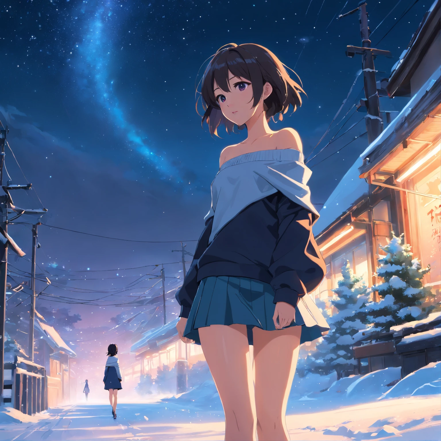 ((from below)), ((looking back)), ((full body)), (((off shoulder clothes))), Beautiful asian model, Sexy goddess, cabelos preto e longos, Beautiful hair accessories, Sexy legs, slender leg, cold light, the night, starrysky, at winter season, nevando, snowfield, (whitesweater, 围巾, black short skirt), (white colors, black in color), Detailed scenes, Beautiful digital illustration, the detail，Hyper-detailed, (best qualtiy，tmasterpiece)