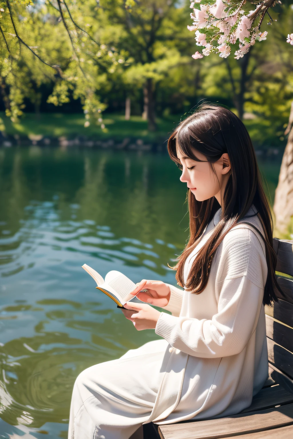 Girl reading a book by the lake, Bright colors, spring, willow branches, where comfort, warm sunlight、highest grade、high-level image quality、A masterpiece of high resolution