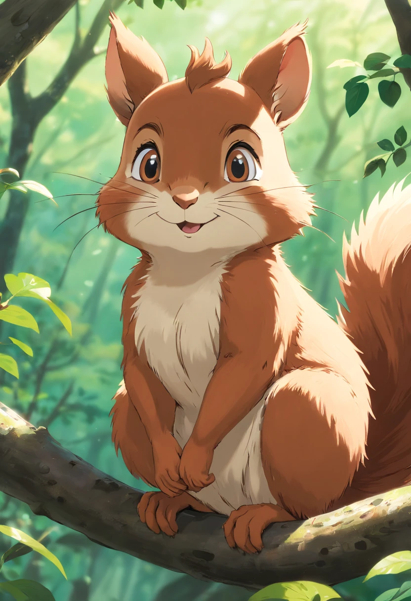 (Best quality,A high resolution,Masterpiece:1.2),Ultra-detailed,Clay,closeup cleavage,A small squirrel jumps between branches，Fluffy fur,Sparkling eyes,Soft lighting