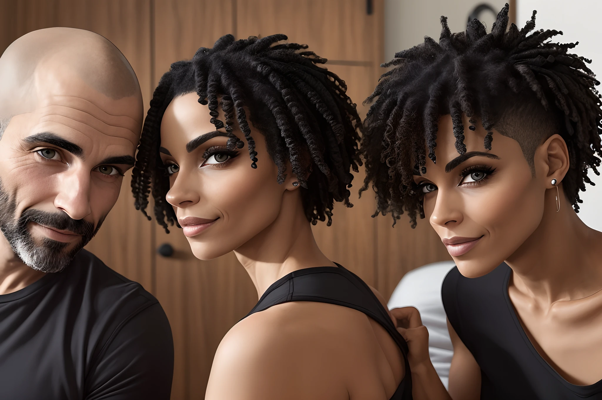 Um casal um homem careca e um mulher de cabelo preto cachiados longos anbos de olhos preto escuro