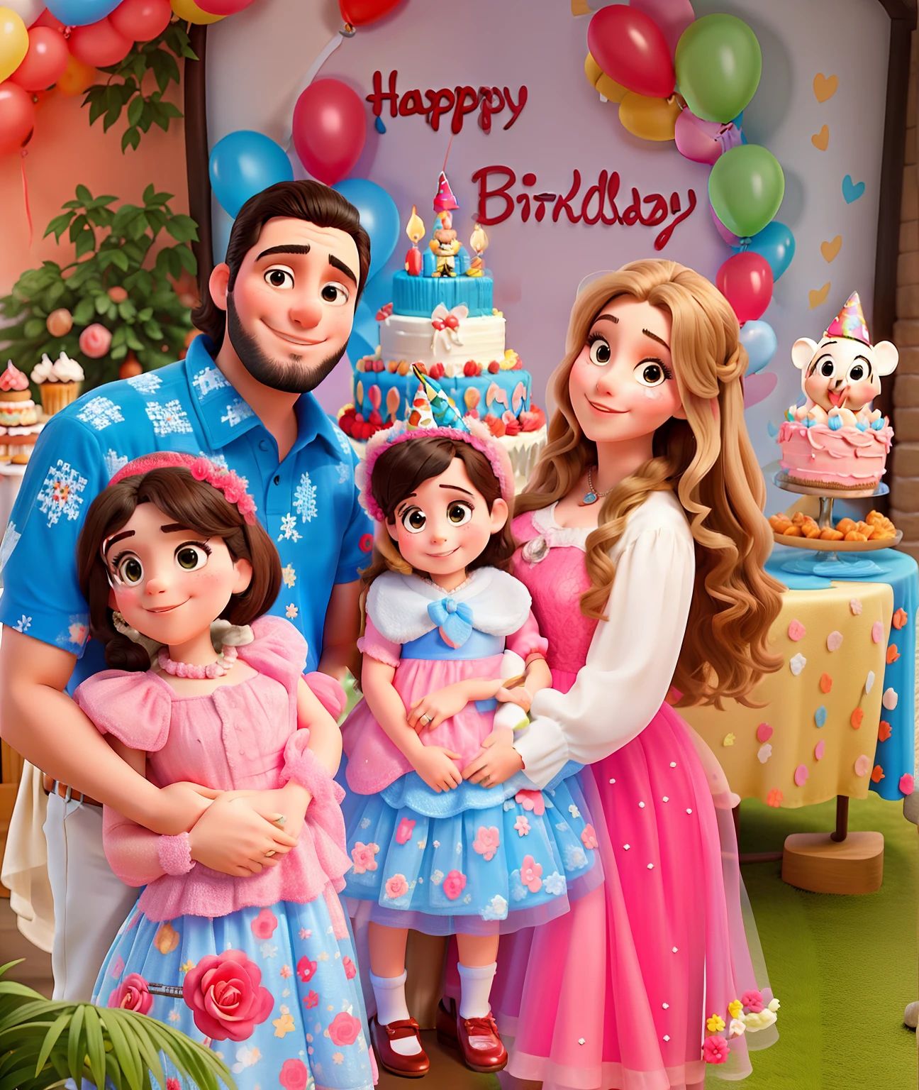Araffe family posing for a photo in front of a birthday cake, Disney pixel